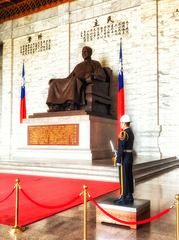 TAIPEI, TAIWAN - MARCH  02th 2018: Honor Guard at the Chiang Kai-Shek Memorial Hall in Taipei. Chiang Kai-shek Memorial Hall is a popular travel destination among tourists visiting Taiwan. Chiang Kai-shek, former President of Taiwan.