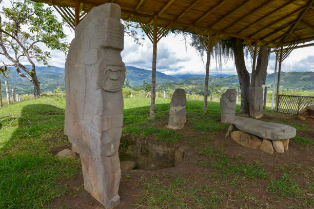 Ancient pre-columbian statues in San Agustin, Colombia. Archaeological Park, an altitude of 1800 meters at the source of the Magdalena River, in the Valley of the statues.