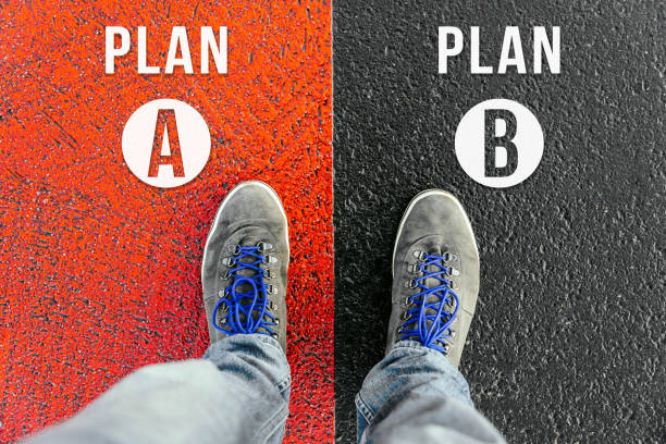 istock Concept of facing a crucial decision about plan a or plan b shown by shoes on different colored pathways 938473148