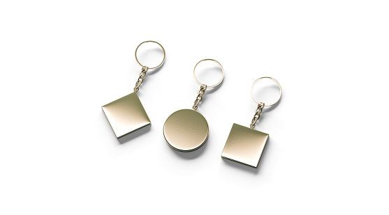 Blank golden key chain mock up side set view, 3d rendering. Clear gold circular square rhombus keychain design mockup isolated. Empty plain keyring souvenir holder template