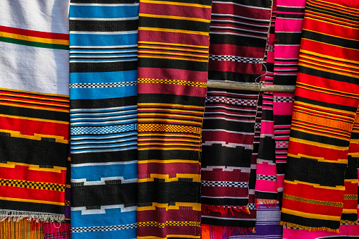 Close-up of traditional fabrics from Dorze tribe in Chencha, Ethiopia.