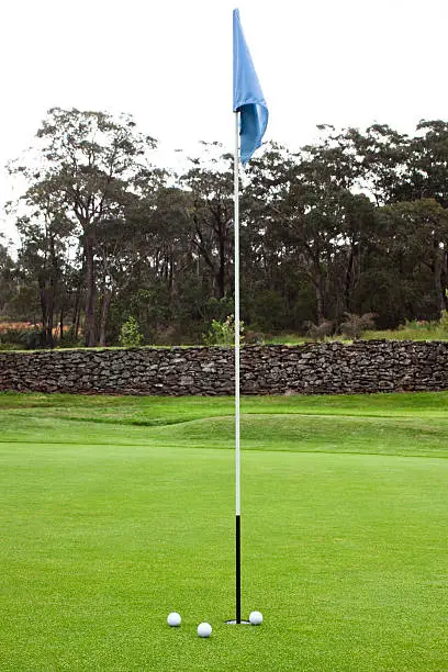 Golf course with three golfballs near the hole with pole inside the hole with blue flag, full frame vertical composition with copy space