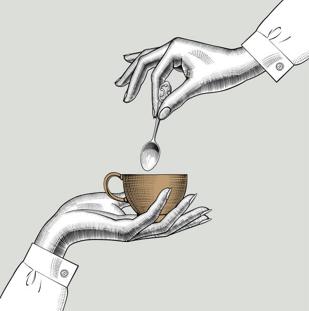 illustrazioni stock, clip art, cartoni animati e icone di tendenza di coppia di mani femminili con una tazza di caffè e un cucchiaio - coffee hand woman