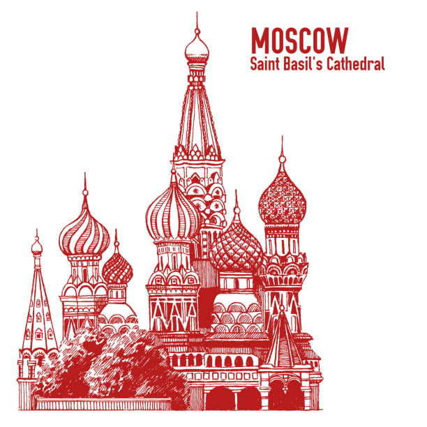 ilustrações de stock, clip art, desenhos animados e ícones de moscow city colorful emblem with st. basil's cathedral, vacation in russia. illustration isolated on white background. - cathedral architecture old church