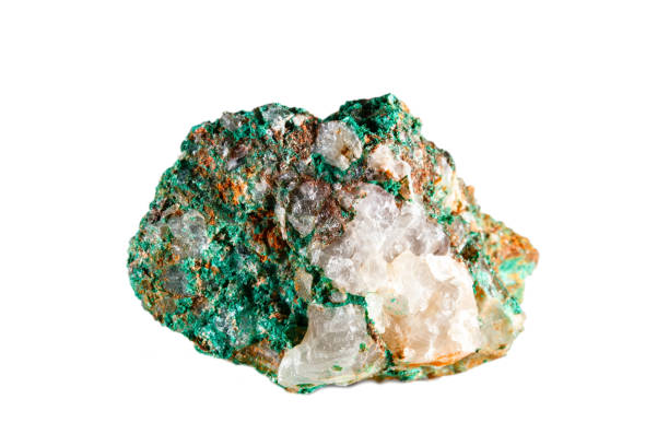 istock Macro shooting of natural gemstone. Raw mineral malachite. Morocco. Isolated object on a white background 938492464
