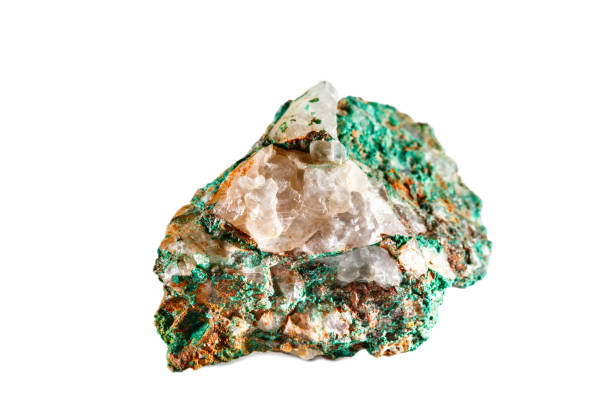 istock Macro shooting of natural gemstone. Raw mineral malachite. Morocco. Isolated object on a white background 938492514