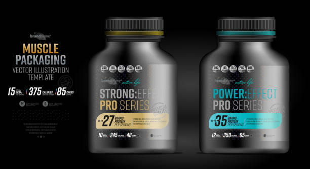 Protein powder tub design template Protein powder tub design template. Sports nutrition and bodybuilding supplement. Whey protein packaging. protein powder bottle stock illustrations