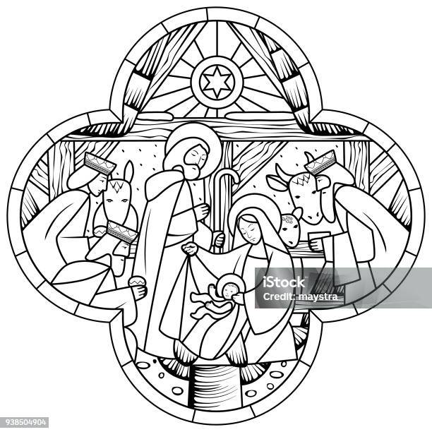 Linear Drawing Of Birth Of Jesus Christ Scene In Cross Shape Stock Illustration - Download Image Now