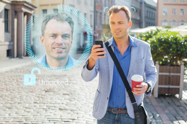 istock Man unlock his mobile phone with facial recognition and authentication technology 938509314