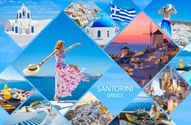 postal de santorini, collage de fotos de la famosa isla griega - web banner fotos fotografías e imágenes de stock