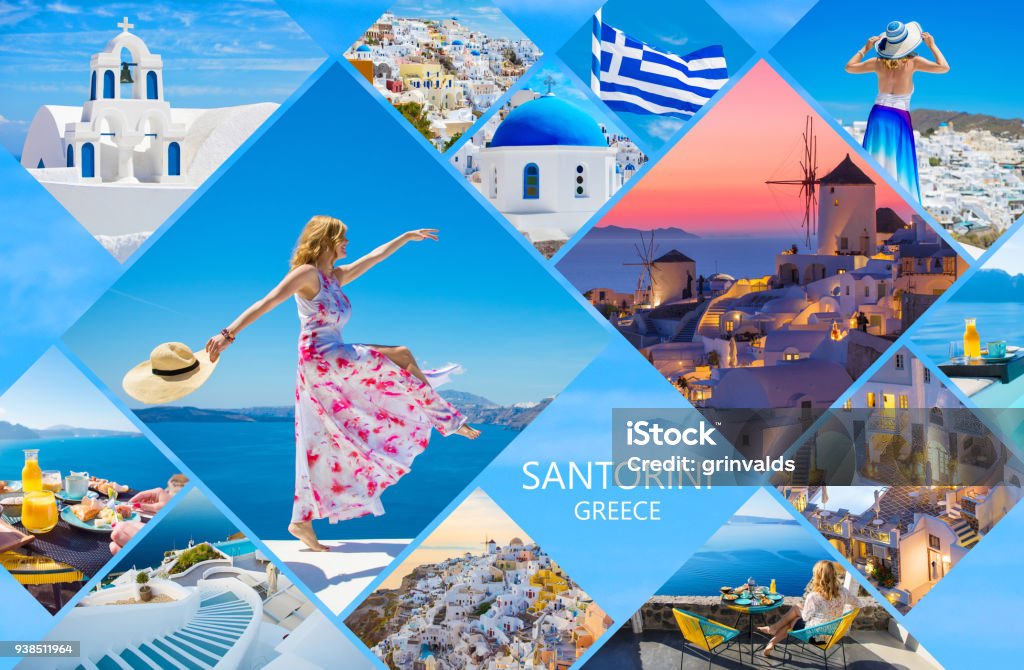 Santorini postcard, collage of beautiful photos from famous Greek island Photo story about vacation experience in Santorini, Greece Postcard Stock Photo