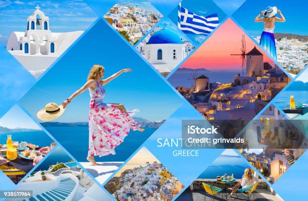 Santorini Postcard Collage Of Beautiful Photos From Famous Greek Island Stock Photo - Download Image Now