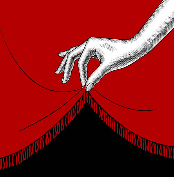 Hand of woman lifting the edge of the red curtain Hand of woman lifting the edge of the red curtain. Vintage engraving stylized drawing. Retro concept poster and banner. Vector illustration curtain illustrations stock illustrations