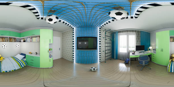 3d illustration of nursery interior design. 360 degrees, seamless panorama stock photo