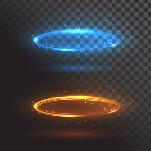 Blue and orange rings of fire Two isolated fire luminous rings or hoops on a transparent background, yellow / orange and blue gloriole stock illustrations