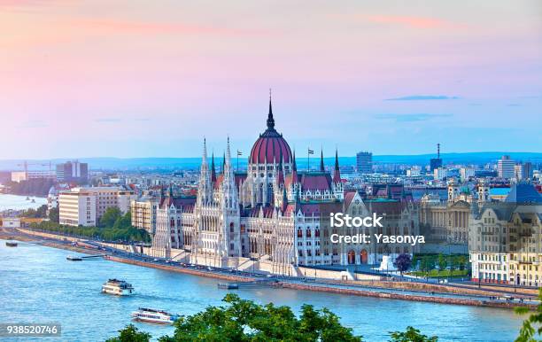 Panorama With Hungarian Parliament In Budapest Stock Photo - Download Image Now - Budapest, Parliament Building, Danube River