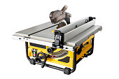 Mobile table saw with adjustable height and level of blade
