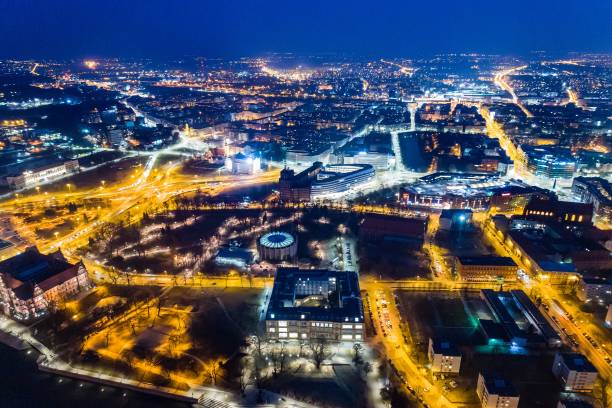 istock Aerial night drone view on Wroclaw. 938527198