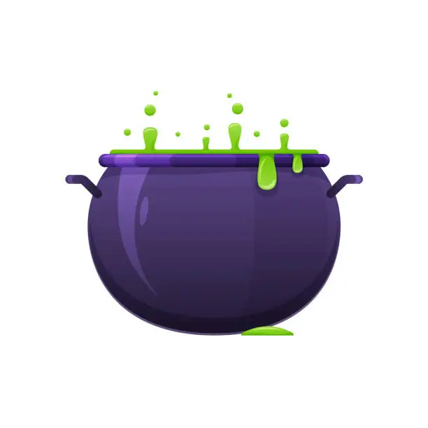 Vector illustration of Magic potion alchemy, spells, magic, boiling liquid. Magic metal pot