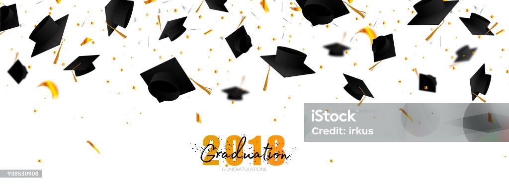 Graduate caps and confetti on a white background. Caps thrown up. Typography greeting, invitation card with diplomas, hat, lettering. Graduate caps and confetti on a white background. Caps thrown up. Typography greeting, invitation card with diplomas, lettering. Mortarboard stock vector