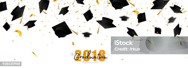 Graduate Caps And Confetti On A White Background Caps Thrown Up Typography Greeting Invitation Card With Diplomas Hat Lettering Stock Illustration - Download Image Now