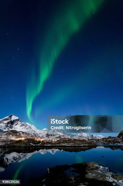Northern Lights In Lofoten Islands Norway Stock Photo - Download Image Now - Aurora Borealis, Lofoten, Lofoten and Vesteral Islands