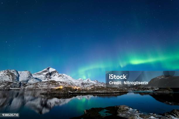 Northern Lights In Lofoten Islands Norway Stock Photo - Download Image Now - Astronomy, Aurora Borealis, Awe