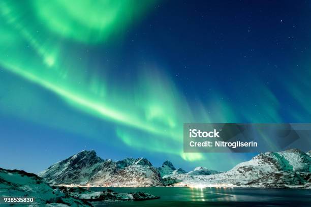 Northern Lights In Lofoten Islands Norway Stock Photo - Download Image Now - Aurora Borealis, Planet Earth, Mountain