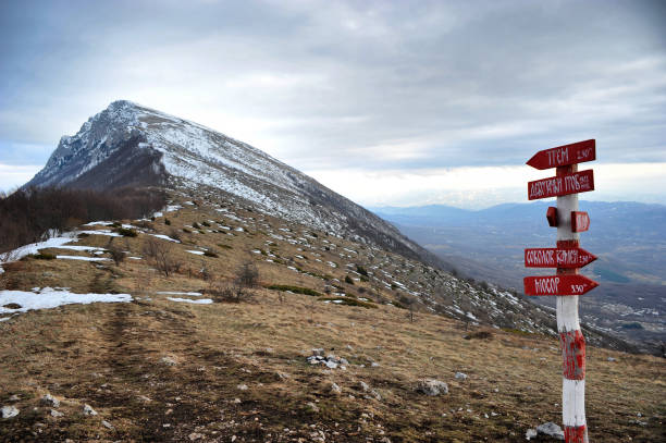 istock Mountain sign in front of mountain peak covered with snow 938541814