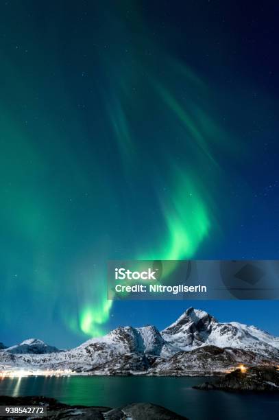 Northern Lights In Lofoten Islands Norway Stock Photo - Download Image Now - Astronomy, Aurora Borealis, Awe