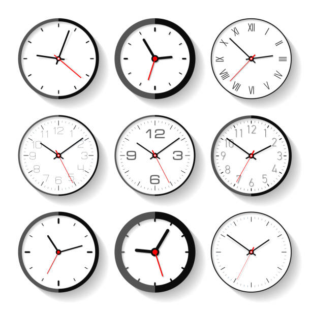 zestaw różnych ikon zegara w płaskim stylu, minimalistyczne zegary na białym tle. zegarki biznesowe. elementy projektowe wektorowe dla ciebie projektów - clock time alarm clock orange stock illustrations