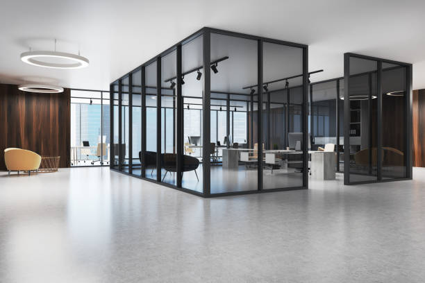 istock Glass and wooden office lobby 938546816