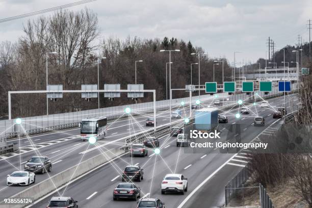 Autonomous Cars On Road Stock Photo - Download Image Now - Mode of Transport, Connection, Autonomous Technology