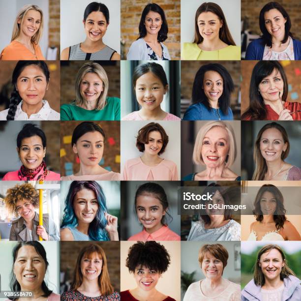 Weibchen Headshot Collage Stockfoto und mehr Bilder von Frauen - Frauen, Nur Frauen, Montage - Composite-Technik