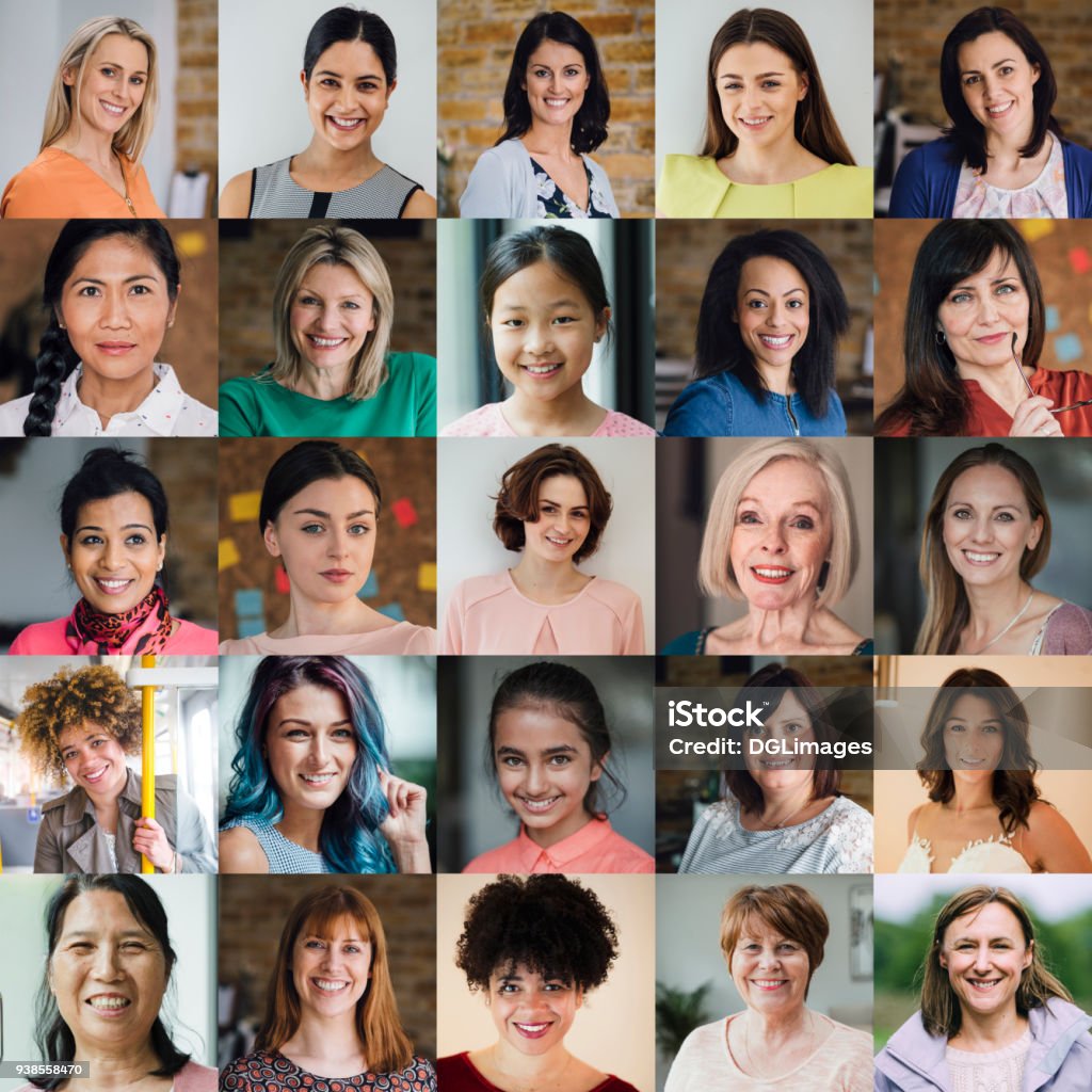 Collage en la cabeza de las hembras - Foto de stock de Mujeres libre de derechos