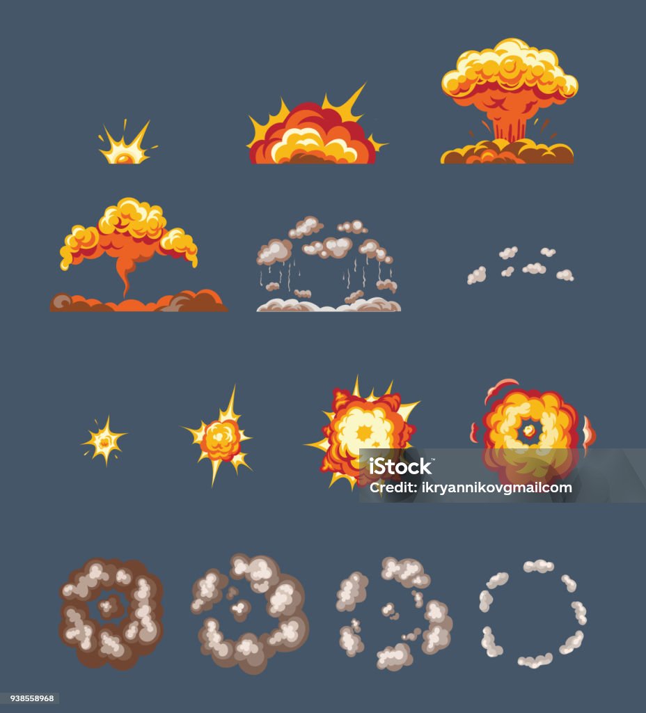 Animation scenes, effect smoke, explosion, fire clouds, broken into elements Set of objects, animation scenes, for game, effect smoke, explosion, fire clouds, frame-by-frame animation. Effect of explosion with smoke, cloud with flame, flying particles. Illustration isolated. Exploding stock vector
