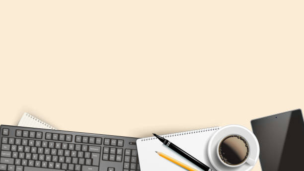ilustrações de stock, clip art, desenhos animados e ícones de workplace background vector. place for text. desktop modern devices. realistic illustration - coffee top view