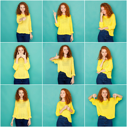 Set of young girl emotions. Casual redhead woman grimacing and gesturing on camera at blue studio background. Happiness, fear, surprise. Positive and negative feelings
