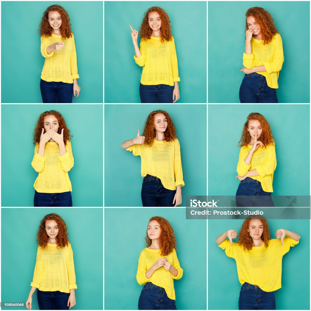 Emotions set of young woman at studio background Set of young girl emotions. Casual redhead woman grimacing and gesturing on camera at blue studio background. Happiness, fear, surprise. Positive and negative feelings Multiple Image Stock Photo