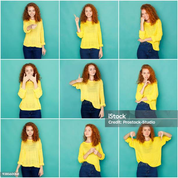 Emotions Set Of Young Woman At Studio Background Stock Photo - Download Image Now - Multiple Image, Facial Expression, Happiness