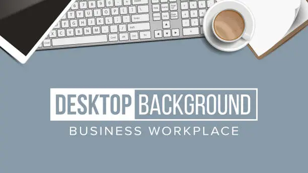 Vector illustration of Business Workplace Desktop Background Vector. Digital Finance Elements. Laptop, Keyboard, Coffee Cup, Smartphone, Notebook. Illustration