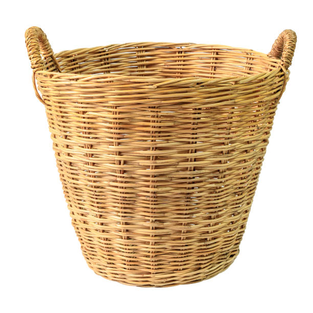 Empty wooden wicker basket isolated on white background.