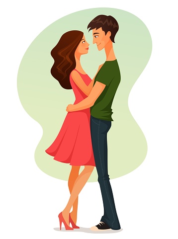 Cute Cartoon Illustration Of Young Woman And Man In Love Hugging Stock  Illustration - Download Image Now - iStock