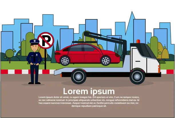 Vector illustration of Car In Towing Away Zone Of Parking Vehicle Evacuation View