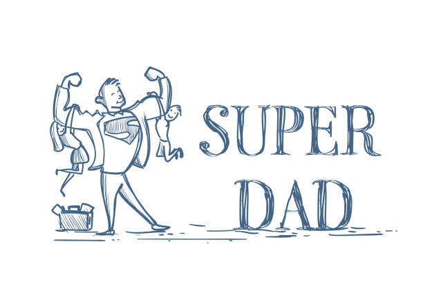 흰색 배경 행복 한 아버지 날 개념에 아이 아들과 딸 낙서를 들고 슈퍼 아빠 - men doodle vector parent stock illustrations