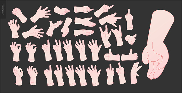 The vector illustrated set of outlined hand drawn hands with various gestures