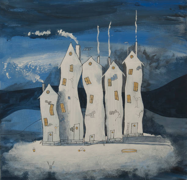 An illustrating showing 5 white houses on a cloud up in the sky. You can see some bycycles and a ropeladder to the next cloud. Smoke is comming out from the chimneys