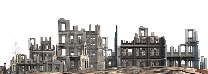 3D illustration ruined buildings isolated on white.