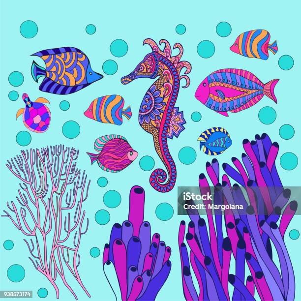 Underwater World Sea Life Fishes Sea Horse Stock Illustration - Download Image Now - Andorra, Animal Wildlife, Backgrounds