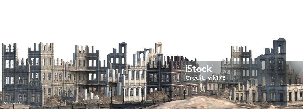 Ruined Buildings Isolated On White 3D Illustration 3D illustration ruined buildings isolated on white. Abandoned Stock Photo